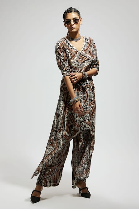 Buy Sva By Sonam & Paras Modi Brown Crepe Zari V-neck Zentangle Abstract Print Tunic And Pant Set Online at Aza Fashions Buy_Sva By Sonam & Paras Modi_Brown Crepe Zari V-neck Zentangle Abstract Print Tunic And Pant Set_Online_at_Aza_Fashions