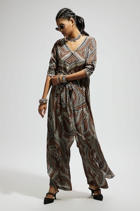 Shop Sva By Sonam & Paras Modi Brown Crepe Zari V-neck Zentangle Abstract Print Tunic And Pant Set Online at Aza Fashions Shop_Sva By Sonam & Paras Modi_Brown Crepe Zari V-neck Zentangle Abstract Print Tunic And Pant Set_Online_at_Aza_Fashions