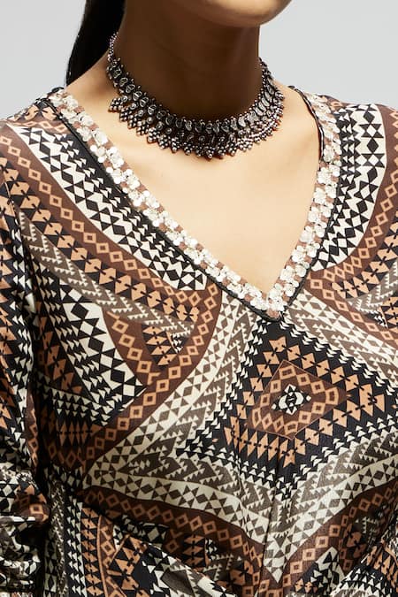 Sva By Sonam & Paras Modi Brown Crepe Zari V-neck Zentangle Abstract Print Tunic And Pant Set at Aza Fashions Sva By Sonam & Paras Modi_Brown Crepe Zari V-neck Zentangle Abstract Print Tunic And Pant Set_at_Aza_Fashions