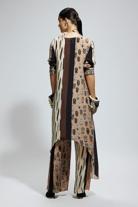 Shop Sva By Sonam & Paras Modi Brown Crepe Embroidery V-neck Feather Print Tie-up Tunic Set at Aza Fashions Shop_Sva By Sonam & Paras Modi_Brown Crepe Embroidery V-neck Feather Print Tie-up Tunic Set_at_Aza_Fashions