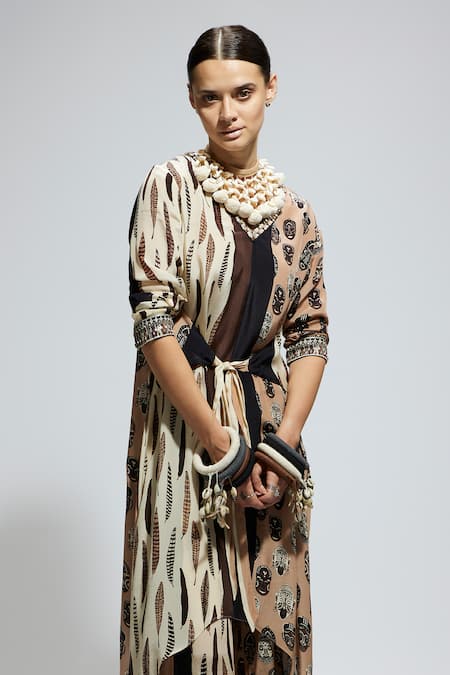 Sva By Sonam & Paras Modi Brown Crepe Embroidery V-neck Feather Print Tie-up Tunic Set Online at Aza Fashions Sva By Sonam & Paras Modi_Brown Crepe Embroidery V-neck Feather Print Tie-up Tunic Set_Online_at_Aza_Fashions