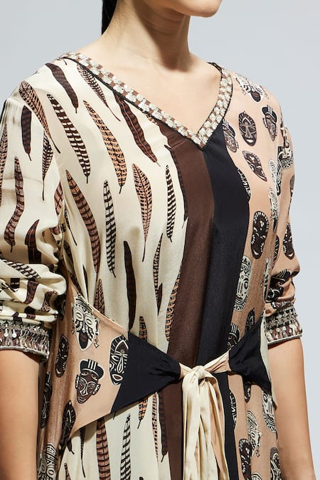Buy Sva By Sonam & Paras Modi Brown Crepe Embroidery V-neck Feather Print Tie-up Tunic Set Online at Aza Fashions Buy_Sva By Sonam & Paras Modi_Brown Crepe Embroidery V-neck Feather Print Tie-up Tunic Set_Online_at_Aza_Fashions