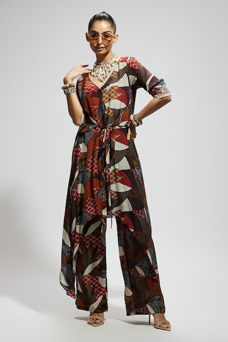 Sva By Sonam & Paras Modi Multi Color Crepe V-neck Abstract Print Tie-up Tunic And Pant Set Online at Aza Fashions Sva By Sonam & Paras Modi_Multi Color Crepe V-neck Abstract Print Tie-up Tunic And Pant Set_Online_at_Aza_Fashions