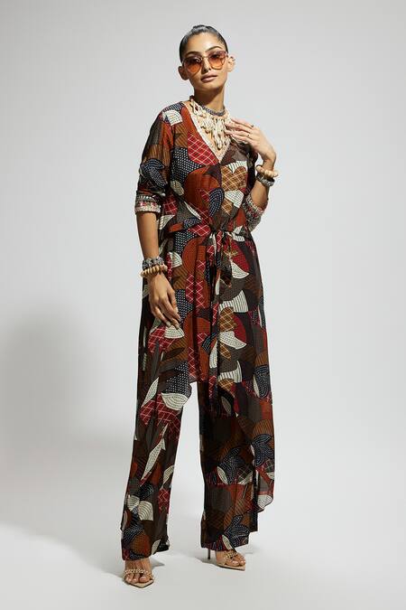 Buy Sva By Sonam & Paras Modi Multi Color Crepe V-neck Abstract Print Tie-up Tunic And Pant Set Online at Aza Fashions Buy_Sva By Sonam & Paras Modi_Multi Color Crepe V-neck Abstract Print Tie-up Tunic And Pant Set_Online_at_Aza_Fashions