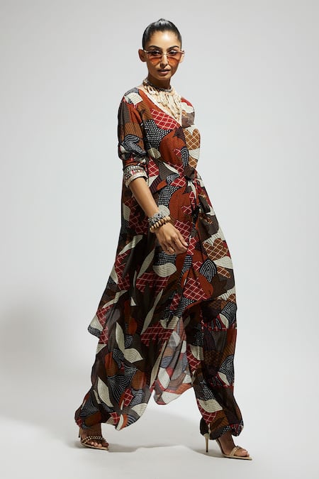 Shop Sva By Sonam & Paras Modi Multi Color Crepe V-neck Abstract Print Tie-up Tunic And Pant Set Online at Aza Fashions Shop_Sva By Sonam & Paras Modi_Multi Color Crepe V-neck Abstract Print Tie-up Tunic And Pant Set_Online_at_Aza_Fashions