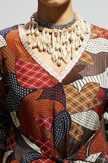 Sva By Sonam & Paras Modi Multi Color Crepe V-neck Abstract Print Tie-up Tunic And Pant Set at Aza Fashions Sva By Sonam & Paras Modi_Multi Color Crepe V-neck Abstract Print Tie-up Tunic And Pant Set_at_Aza_Fashions