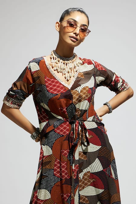 Buy Sva By Sonam & Paras Modi Multi Color Crepe V-neck Abstract Print Tie-up Tunic And Pant Set Buy_Sva By Sonam & Paras Modi_Multi Color Crepe V-neck Abstract Print Tie-up Tunic And Pant Set