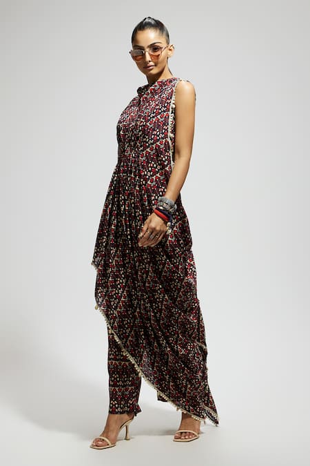 Sva By Sonam & Paras Modi Blue Crepe Sequins Collared Geometric Print Draped Top And Pant Set Online at Aza Fashions Sva By Sonam & Paras Modi_Blue Crepe Sequins Collared Geometric Print Draped Top And Pant Set_Online_at_Aza_Fashions