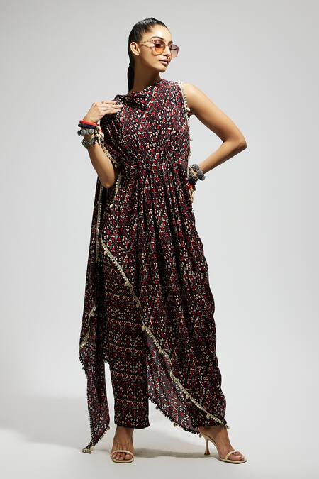 Shop Sva By Sonam & Paras Modi Blue Crepe Sequins Collared Geometric Print Draped Top And Pant Set Online at Aza Fashions Shop_Sva By Sonam & Paras Modi_Blue Crepe Sequins Collared Geometric Print Draped Top And Pant Set_Online_at_Aza_Fashions