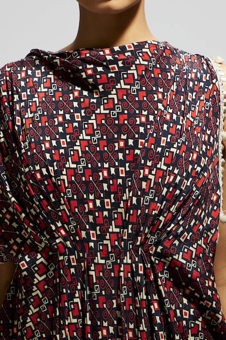 Sva By Sonam & Paras Modi Blue Crepe Sequins Collared Geometric Print Draped Top And Pant Set at Aza Fashions Sva By Sonam & Paras Modi_Blue Crepe Sequins Collared Geometric Print Draped Top And Pant Set_at_Aza_Fashions