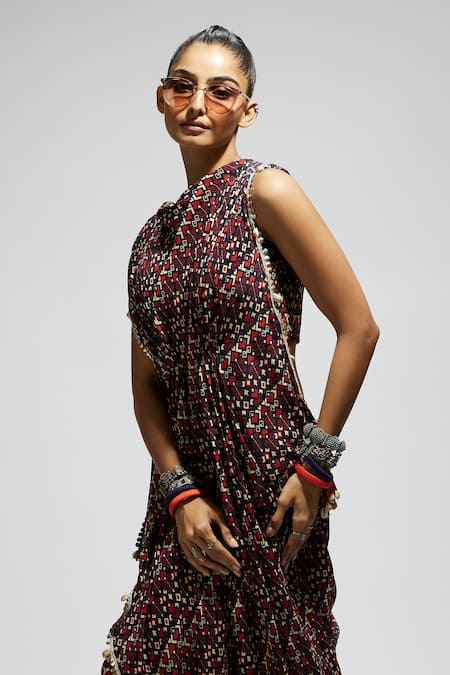 Buy Sva By Sonam & Paras Modi Blue Crepe Sequins Collared Geometric Print Draped Top And Pant Set Buy_Sva By Sonam & Paras Modi_Blue Crepe Sequins Collared Geometric Print Draped Top And Pant Set