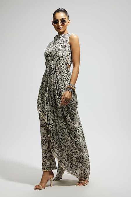 Sva By Sonam & Paras Modi White Crepe Embroidery, Sequins Collared Floral Jaal Print Draped Top With Pant Online at Aza Fashions Sva By Sonam & Paras Modi_White Crepe Embroidery, Sequins Collared Floral Jaal Print Draped Top With Pant_Online_at_Aza_Fashions