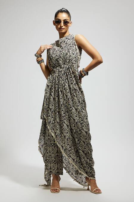 Buy Sva By Sonam & Paras Modi White Crepe Embroidery, Sequins Collared Floral Jaal Print Draped Top With Pant Online at Aza Fashions Buy_Sva By Sonam & Paras Modi_White Crepe Embroidery, Sequins Collared Floral Jaal Print Draped Top With Pant_Online_at_Aza_Fashions