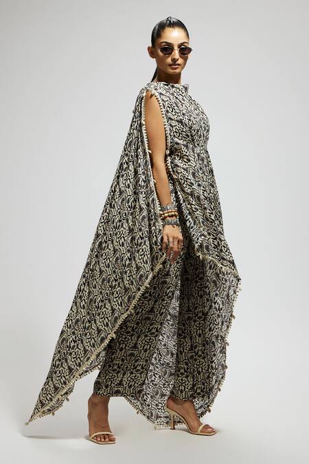 Shop Sva By Sonam & Paras Modi White Crepe Embroidery, Sequins Collared Floral Jaal Print Draped Top With Pant Online at Aza Fashions Shop_Sva By Sonam & Paras Modi_White Crepe Embroidery, Sequins Collared Floral Jaal Print Draped Top With Pant_Online_at_Aza_Fashions