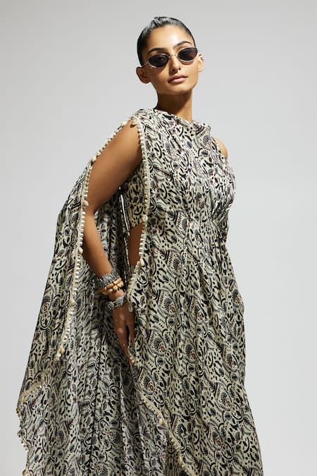 Sva By Sonam & Paras Modi White Crepe Embroidery, Sequins Collared Floral Jaal Print Draped Top With Pant at Aza Fashions Sva By Sonam & Paras Modi_White Crepe Embroidery, Sequins Collared Floral Jaal Print Draped Top With Pant_at_Aza_Fashions