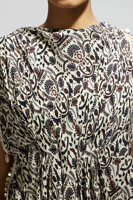 Buy Sva By Sonam & Paras Modi White Crepe Embroidery, Sequins Collared Floral Jaal Print Draped Top With Pant Buy_Sva By Sonam & Paras Modi_White Crepe Embroidery, Sequins Collared Floral Jaal Print Draped Top With Pant