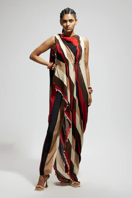 Sva By Sonam & Paras Modi_Orange Crepe Sequins Collared Samsara Print Draped Top And Pant Set_Online_at_Aza_Fashions