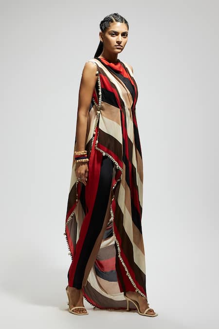 Buy_Sva By Sonam & Paras Modi_Orange Crepe Sequins Collared Samsara Print Draped Top And Pant Set_Online_at_Aza_Fashions