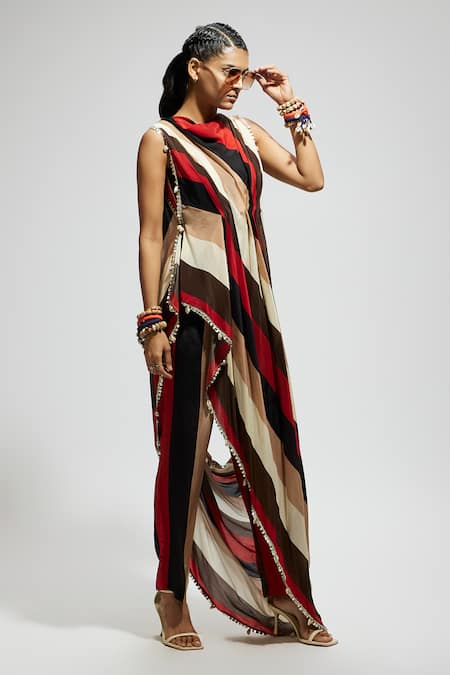 Shop_Sva By Sonam & Paras Modi_Orange Crepe Sequins Collared Samsara Print Draped Top And Pant Set_Online_at_Aza_Fashions