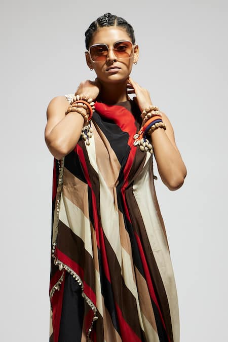 Buy_Sva By Sonam & Paras Modi_Orange Crepe Sequins Collared Samsara Print Draped Top And Pant Set