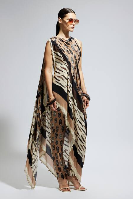 Sva By Sonam & Paras Modi_Ivory Crepe Sequins, Feathers Collared Asymmetric Draped Print Top And Pant Set_Online_at_Aza_Fashions