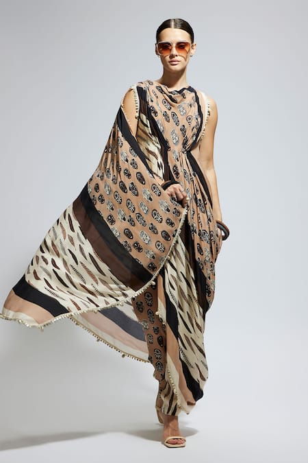 Buy_Sva By Sonam & Paras Modi_Ivory Crepe Sequins, Feathers Collared Asymmetric Draped Print Top And Pant Set_Online_at_Aza_Fashions