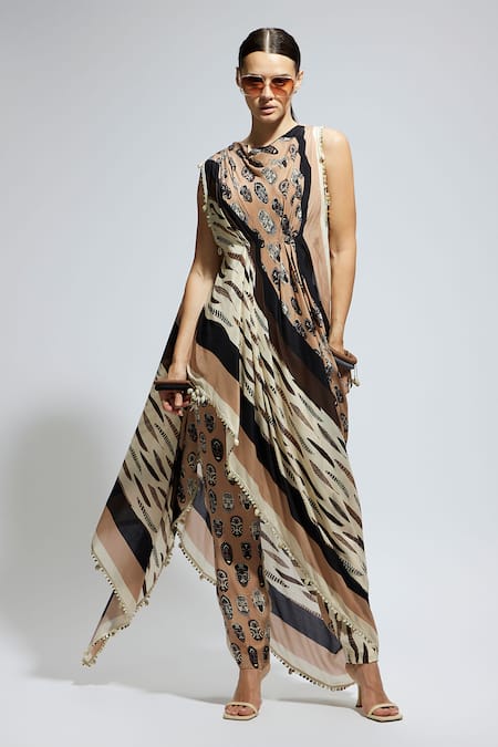 Shop_Sva By Sonam & Paras Modi_Ivory Crepe Sequins, Feathers Collared Asymmetric Draped Print Top And Pant Set_Online_at_Aza_Fashions