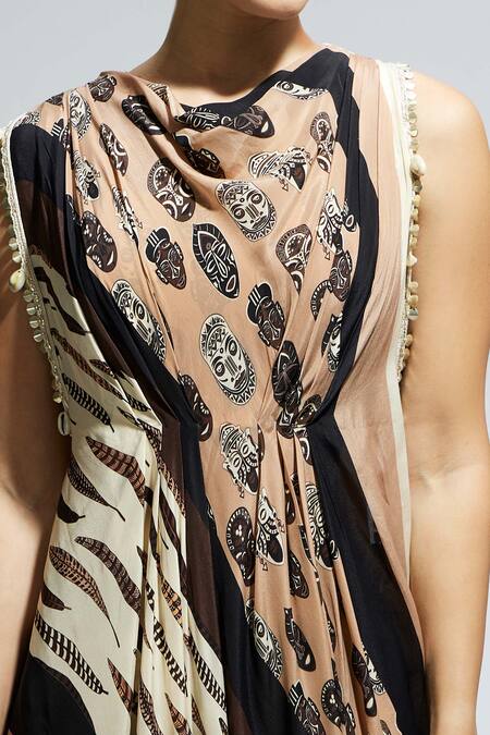 Sva By Sonam & Paras Modi_Ivory Crepe Sequins, Feathers Collared Asymmetric Draped Print Top And Pant Set_at_Aza_Fashions