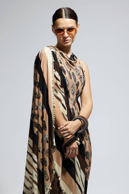 Buy_Sva By Sonam & Paras Modi_Ivory Crepe Sequins, Feathers Collared Asymmetric Draped Print Top And Pant Set