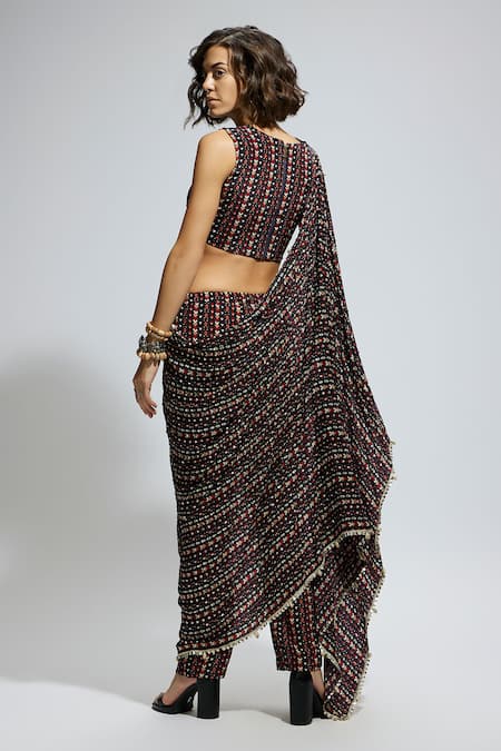 Shop Sva By Sonam & Paras Modi Blue Crepe Boho Print Draped Top And Pant Set at Aza Fashions Shop_Sva By Sonam & Paras Modi_Blue Crepe Boho Print Draped Top And Pant Set_at_Aza_Fashions