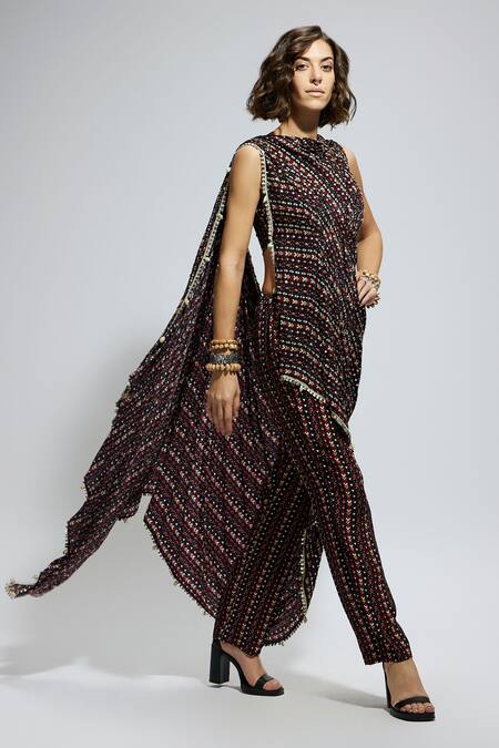 Sva By Sonam & Paras Modi Blue Crepe Boho Print Draped Top And Pant Set Online at Aza Fashions Sva By Sonam & Paras Modi_Blue Crepe Boho Print Draped Top And Pant Set_Online_at_Aza_Fashions