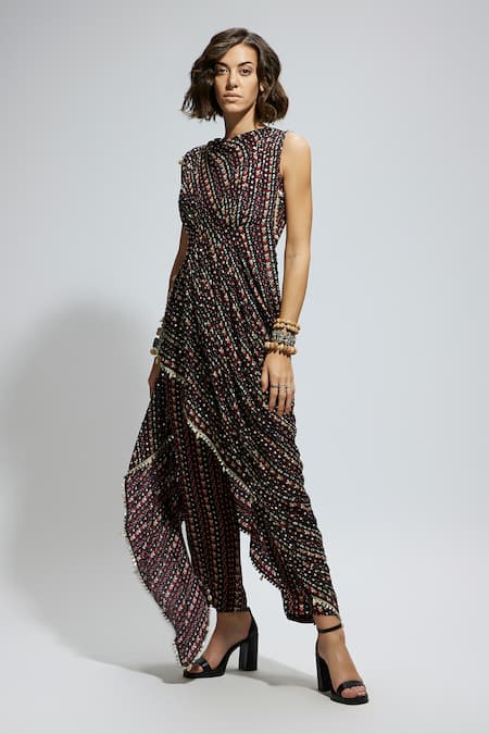 Shop Sva By Sonam & Paras Modi Blue Crepe Boho Print Draped Top And Pant Set Online at Aza Fashions Shop_Sva By Sonam & Paras Modi_Blue Crepe Boho Print Draped Top And Pant Set_Online_at_Aza_Fashions