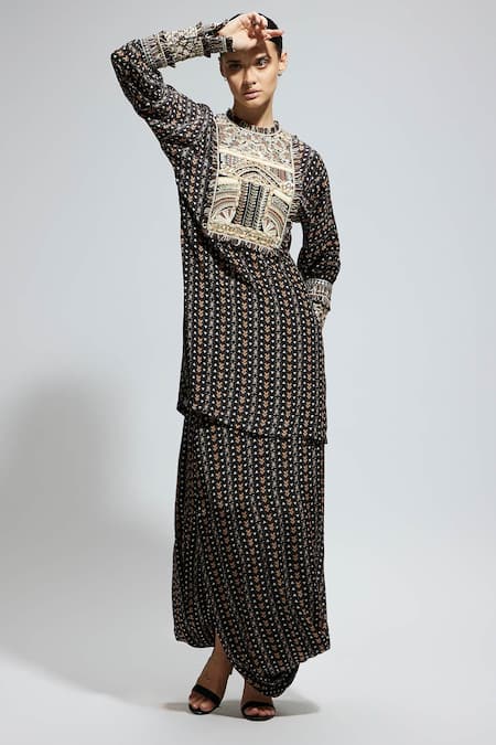 Buy_Sva By Sonam & Paras Modi_Black Crepe Sequins, Embroidery Round Neck Boho Print Kurta Set_Online_at_Aza_Fashions