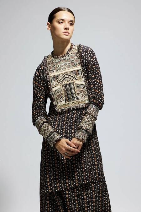 Shop_Sva By Sonam & Paras Modi_Black Crepe Sequins, Embroidery Round Neck Boho Print Kurta Set_Online_at_Aza_Fashions