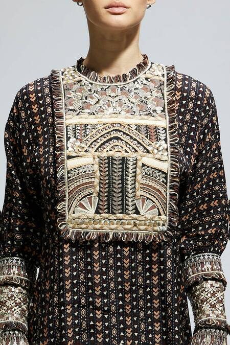 Sva By Sonam & Paras Modi_Black Crepe Sequins, Embroidery Round Neck Boho Print Kurta Set_at_Aza_Fashions