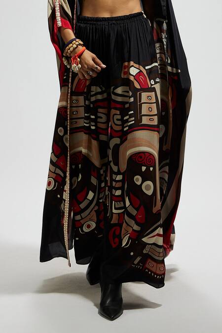 Sva By Sonam & Paras Modi Black Silk Open Neck Mask Print Kaftan And Pant Set Online at Aza Fashions Sva By Sonam & Paras Modi_Black Silk Open Neck Mask Print Kaftan And Pant Set_Online_at_Aza_Fashions