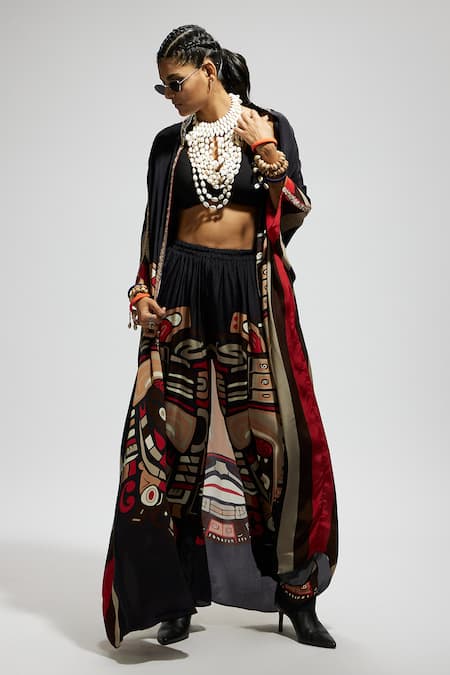 Buy Sva By Sonam & Paras Modi Black Silk Open Neck Mask Print Kaftan And Pant Set Online at Aza Fashions Buy_Sva By Sonam & Paras Modi_Black Silk Open Neck Mask Print Kaftan And Pant Set_Online_at_Aza_Fashions