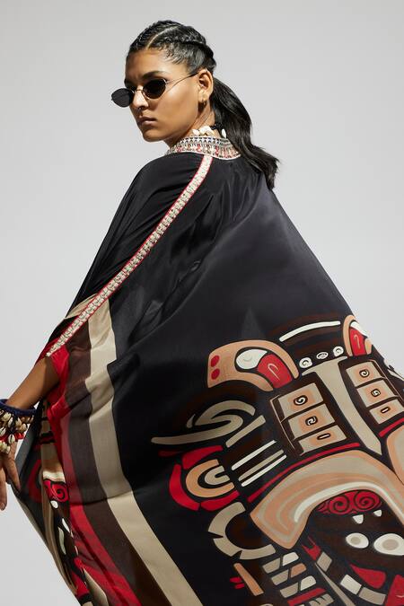 Sva By Sonam & Paras Modi Black Silk Open Neck Mask Print Kaftan And Pant Set at Aza Fashions Sva By Sonam & Paras Modi_Black Silk Open Neck Mask Print Kaftan And Pant Set_at_Aza_Fashions