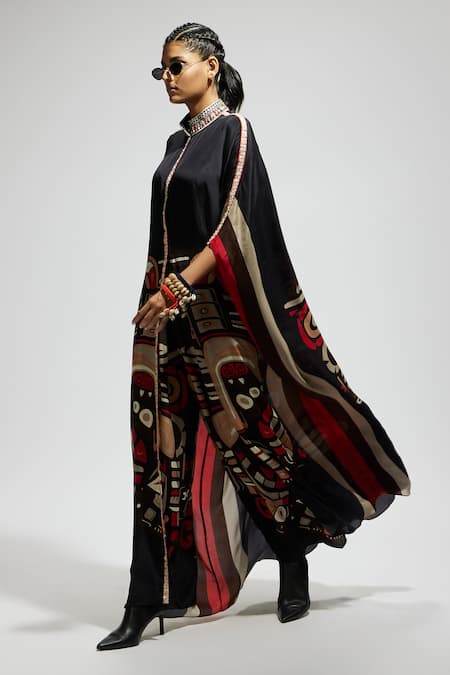 Buy Sva By Sonam & Paras Modi Black Silk Open Neck Mask Print Kaftan And Pant Set Buy_Sva By Sonam & Paras Modi_Black Silk Open Neck Mask Print Kaftan And Pant Set