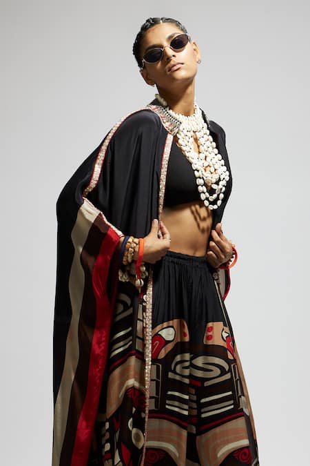 Shop Sva By Sonam & Paras Modi Black Silk Open Neck Mask Print Kaftan And Pant Set Shop_Sva By Sonam & Paras Modi_Black Silk Open Neck Mask Print Kaftan And Pant Set