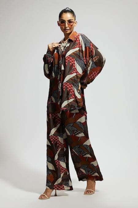 Shop_Sva By Sonam & Paras Modi_Multi Color Crepe Collared Abstract Floral Print Shirt And Pant Set _Online_at_Aza_Fashions