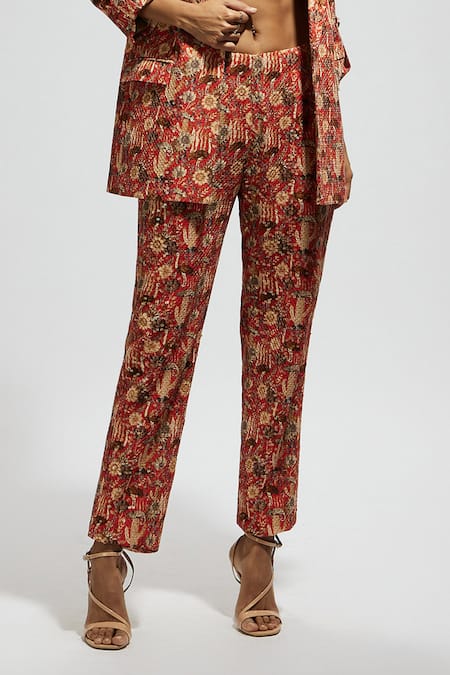 Sva By Sonam & Paras Modi_Orange Crepe Sequins, Embroidery Sweetheart Neck Floral Jaal Print Blazer Set_Online_at_Aza_Fashions