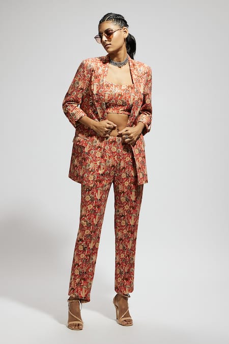 Buy_Sva By Sonam & Paras Modi_Orange Crepe Sequins, Embroidery Sweetheart Neck Floral Jaal Print Blazer Set_Online_at_Aza_Fashions