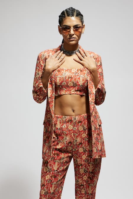 Sva By Sonam & Paras Modi_Orange Crepe Sequins, Embroidery Sweetheart Neck Floral Jaal Print Blazer Set_at_Aza_Fashions