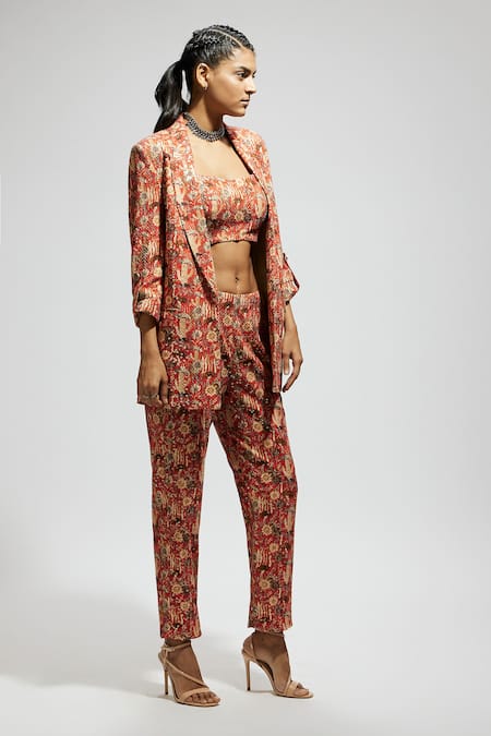 Buy_Sva By Sonam & Paras Modi_Orange Crepe Sequins, Embroidery Sweetheart Neck Floral Jaal Print Blazer Set
