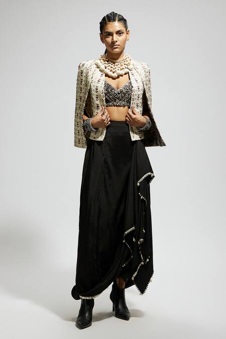 Buy_Sva By Sonam & Paras Modi_Ivory Silk Sequins, Embroidery Open Neck, Thread Jacket Skirt Set_Online_at_Aza_Fashions
