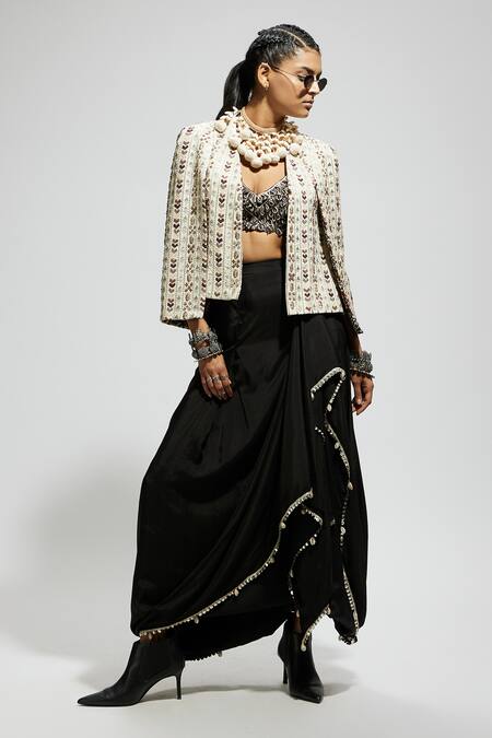 Shop_Sva By Sonam & Paras Modi_Ivory Silk Sequins, Embroidery Open Neck, Thread Jacket Skirt Set_Online_at_Aza_Fashions