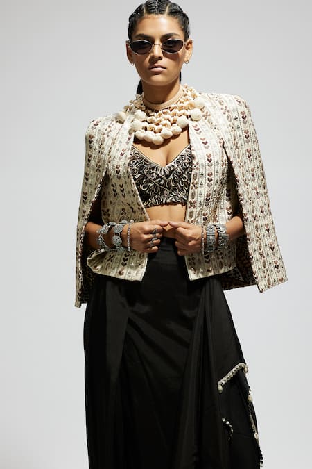 Sva By Sonam & Paras Modi_Ivory Silk Sequins, Embroidery Open Neck, Thread Jacket Skirt Set_at_Aza_Fashions