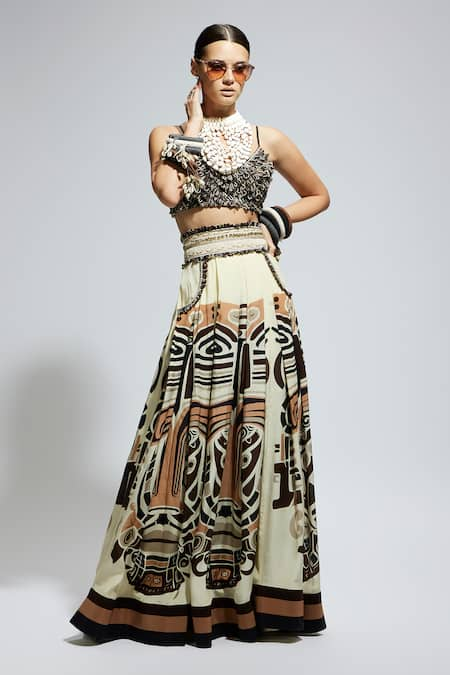 SVA by Sonam & Paras Modi Mask Print Bustier & Pleated Skirt Set 