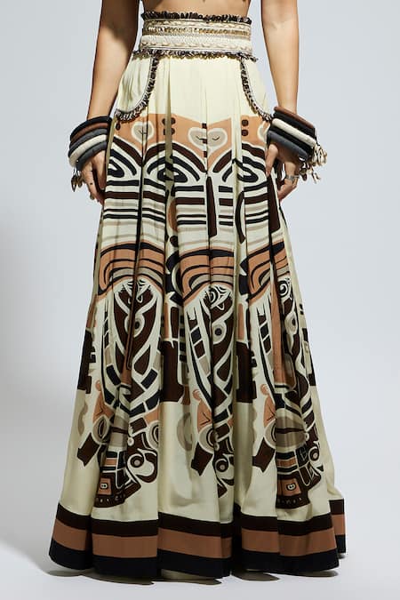 Sva By Sonam & Paras Modi_Black Silk Sequins, Embroidery V-neck Mask Print Bustier And Pleated Skirt Set_Online_at_Aza_Fashions